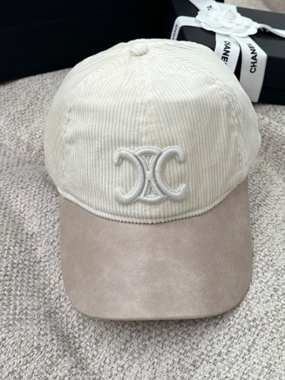 Celine. Off White Corduroy Triomphe. Baseball Hat Cap